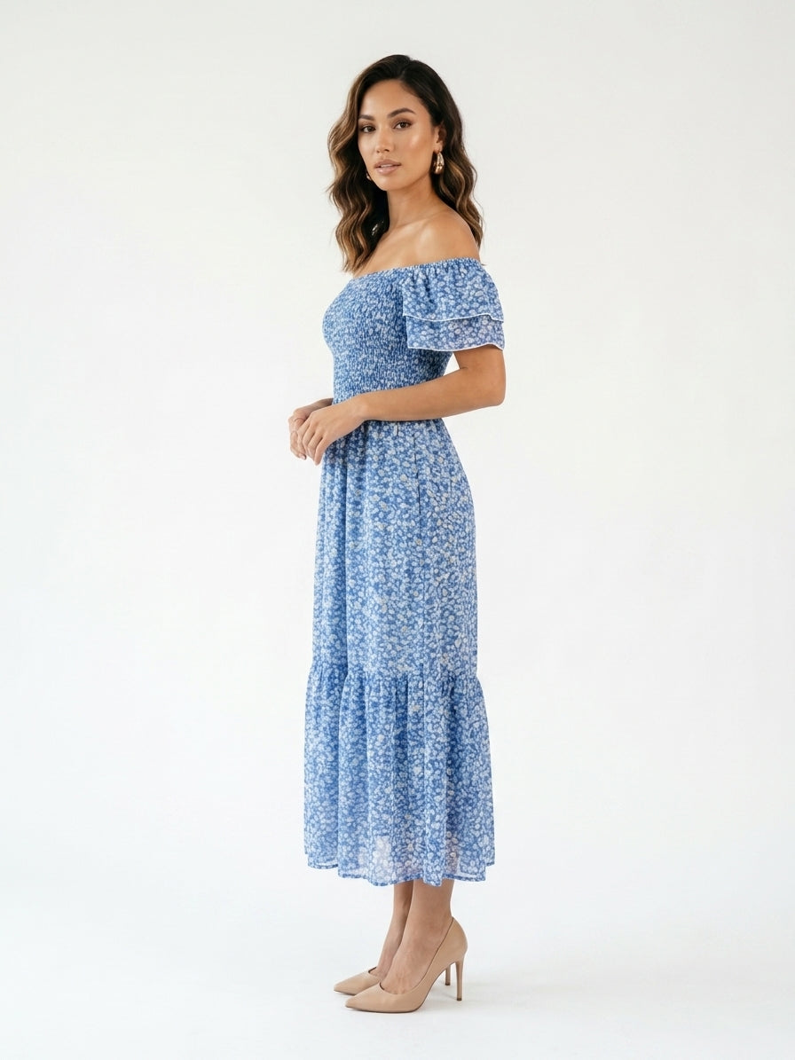 Zayé Women's Ditsy Floral Midi Dress | Square Neck Smocked Bodice Flutter Sleeve