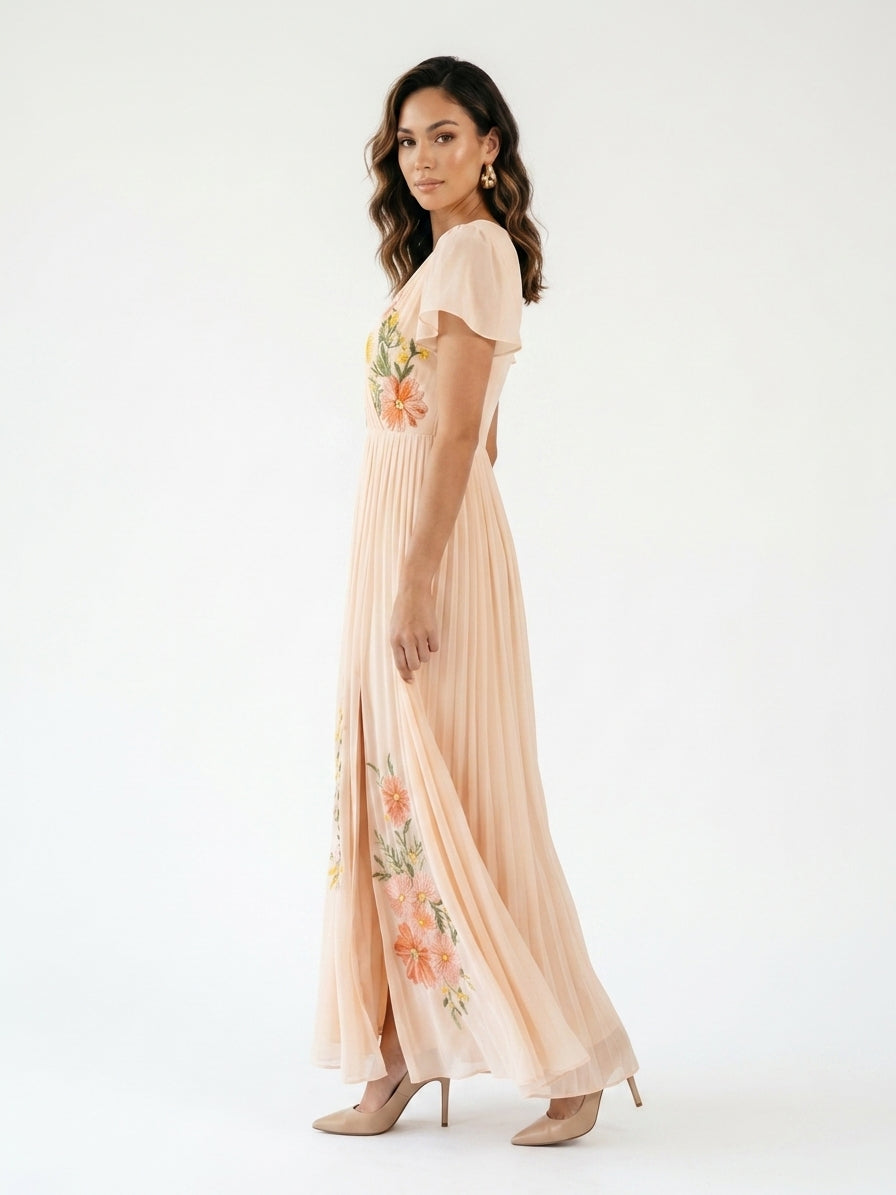 Zayé Women's Placed Floral Pleated Maxi Dress | Wrap V-Neck Flutter Sleeve Chiffon