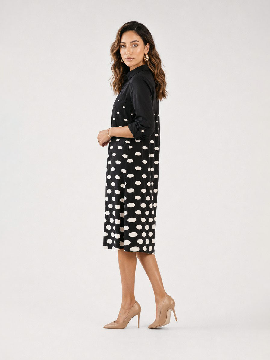 Zayé Women's Graduating Oval Dot Shirt Dress | Point Collar Three Quarter Sleeve Relaxed A-Line