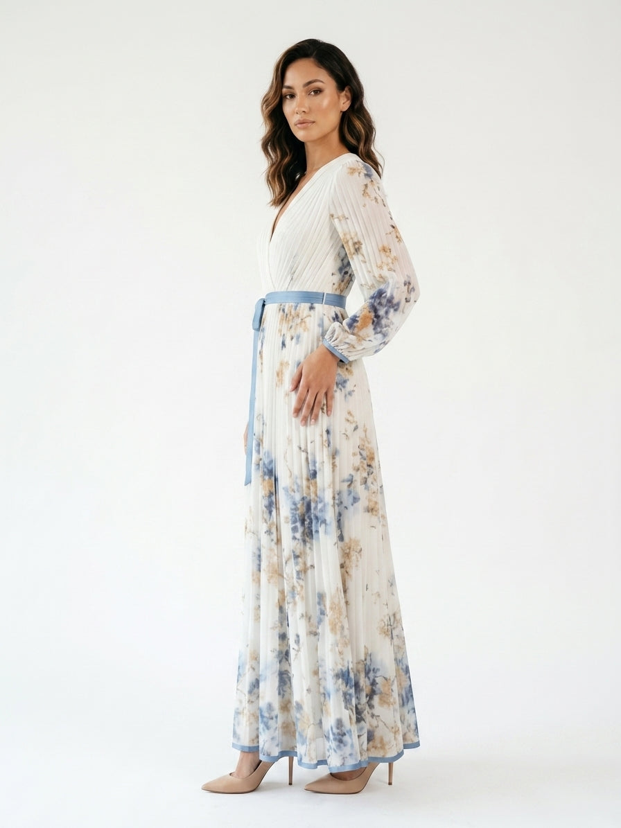 Zayé Women's Floral Accordion Pleat Maxi Dress | Wrap V-Neck Bishop Sleeve Contrast Blue Belt