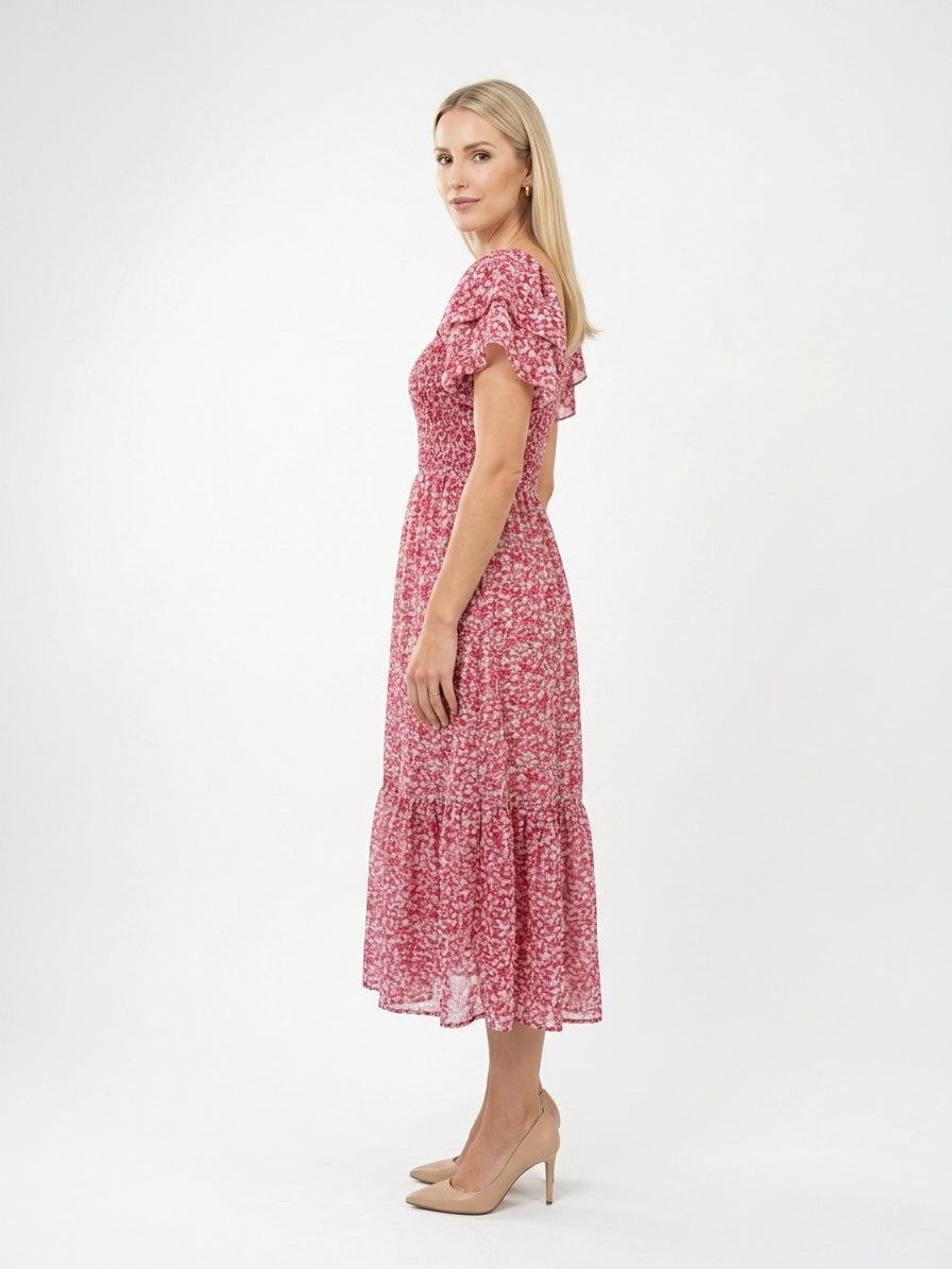 Zayé Women's Ditsy Floral Midi Dress | Square Neck Smocked Bodice Flutter Sleeve
