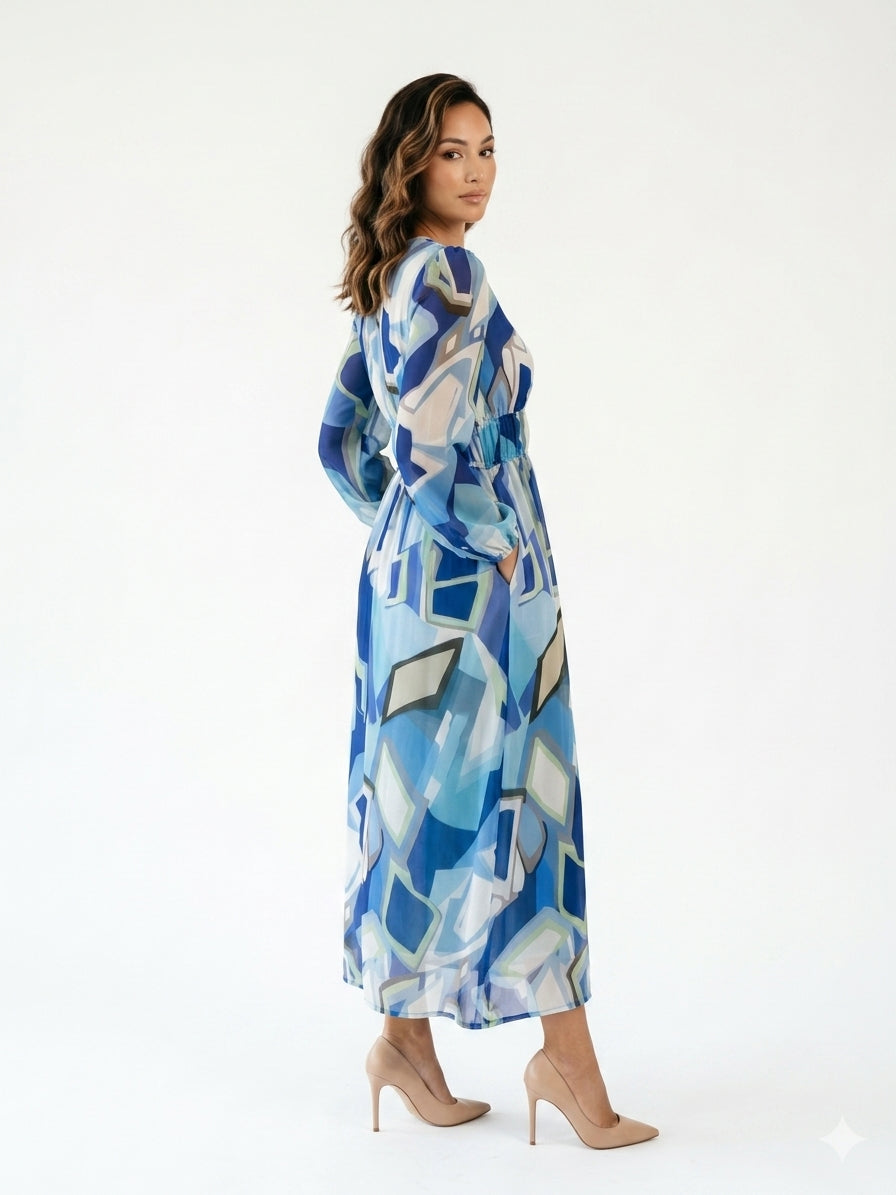 Zayé Women's Watercolour Floral Chiffon Maxi Dress | Wrap V-Neck Bishop Sleeve Tiered Skirt