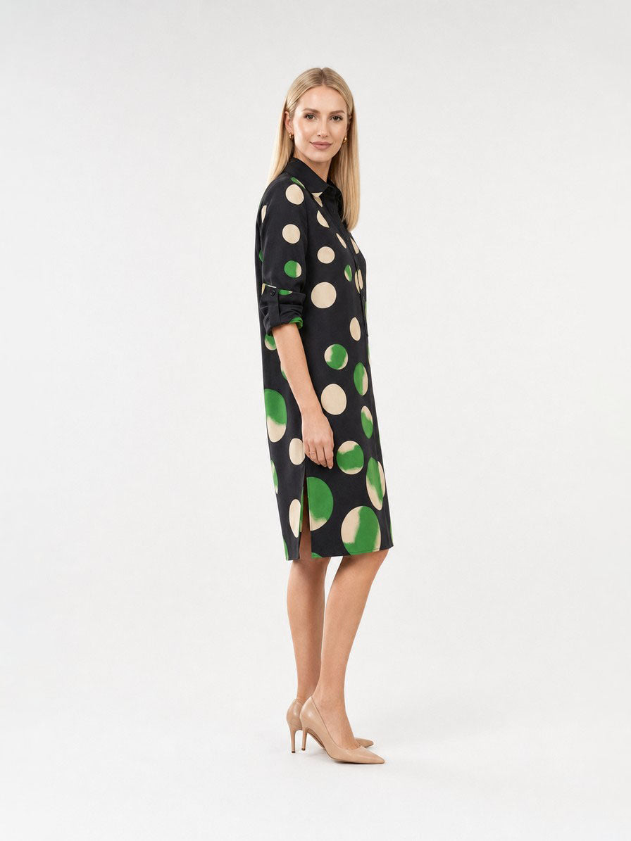 Zayé Women's Two-Tone Polka Dot Shirt Dress | Point Collar Three Quarter Sleeve Breast Pocket