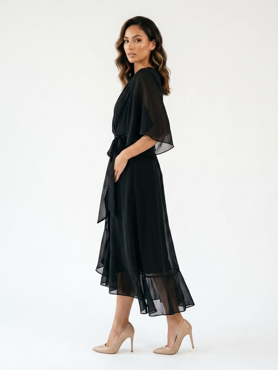Zayé Women's Chiffon Midi Dress | Deep V-Neck Angel Sleeve Tie Waist Handkerchief Hem