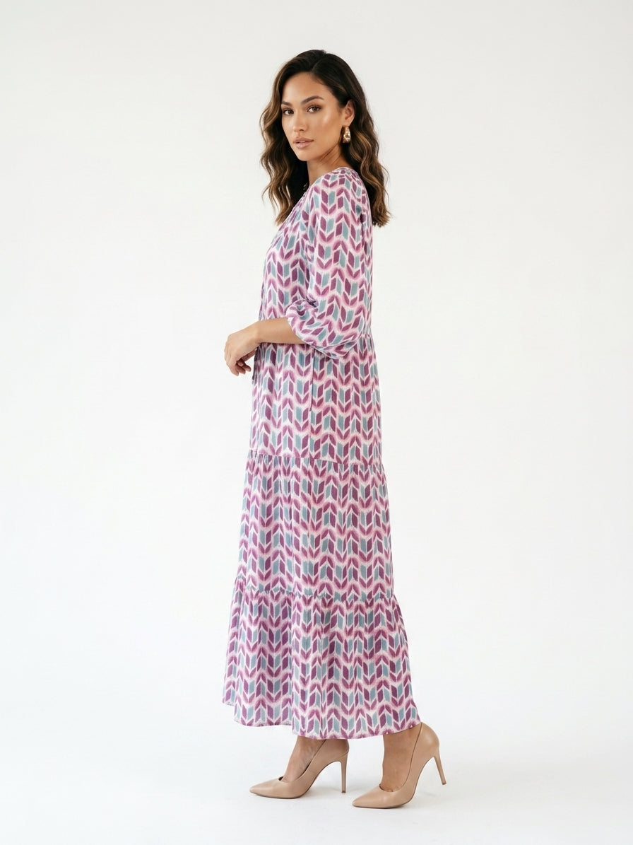 Zayé Women's Arrow Print Midi Dress | V-Neck Balloon Sleeve Tiered Skirt
