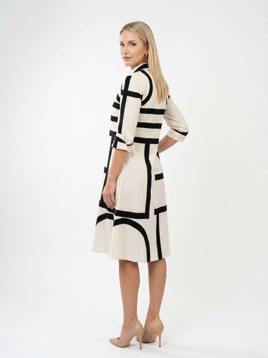 Zayé Women's Architectural Print Shirt Dress | Point Collar Full Button Front Three Quarter Sleeve