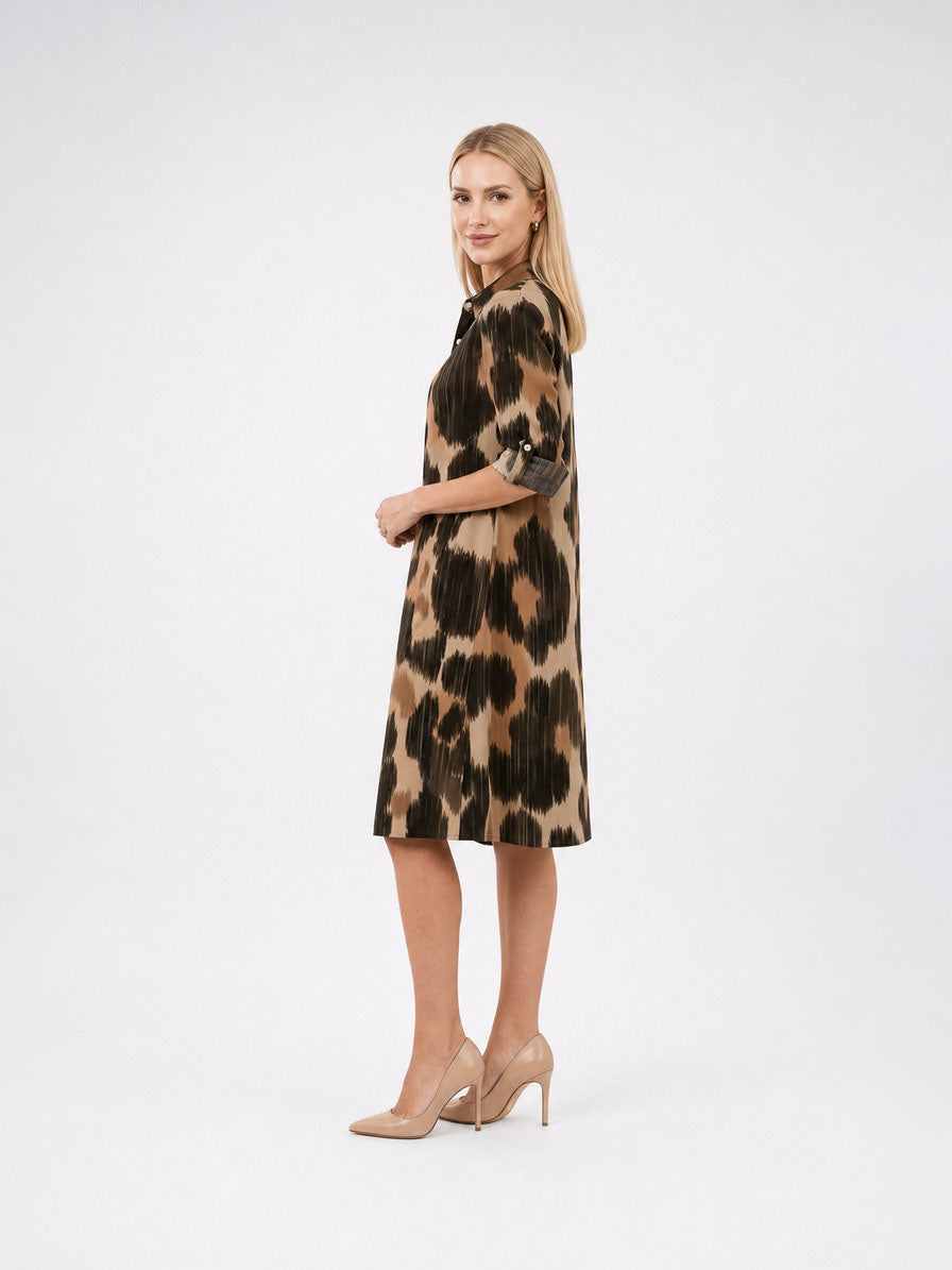 Zayé Women's Abstract Leopard Print Shirt Dress | Point Collar Three Quarter Sleeve Relaxed Fit