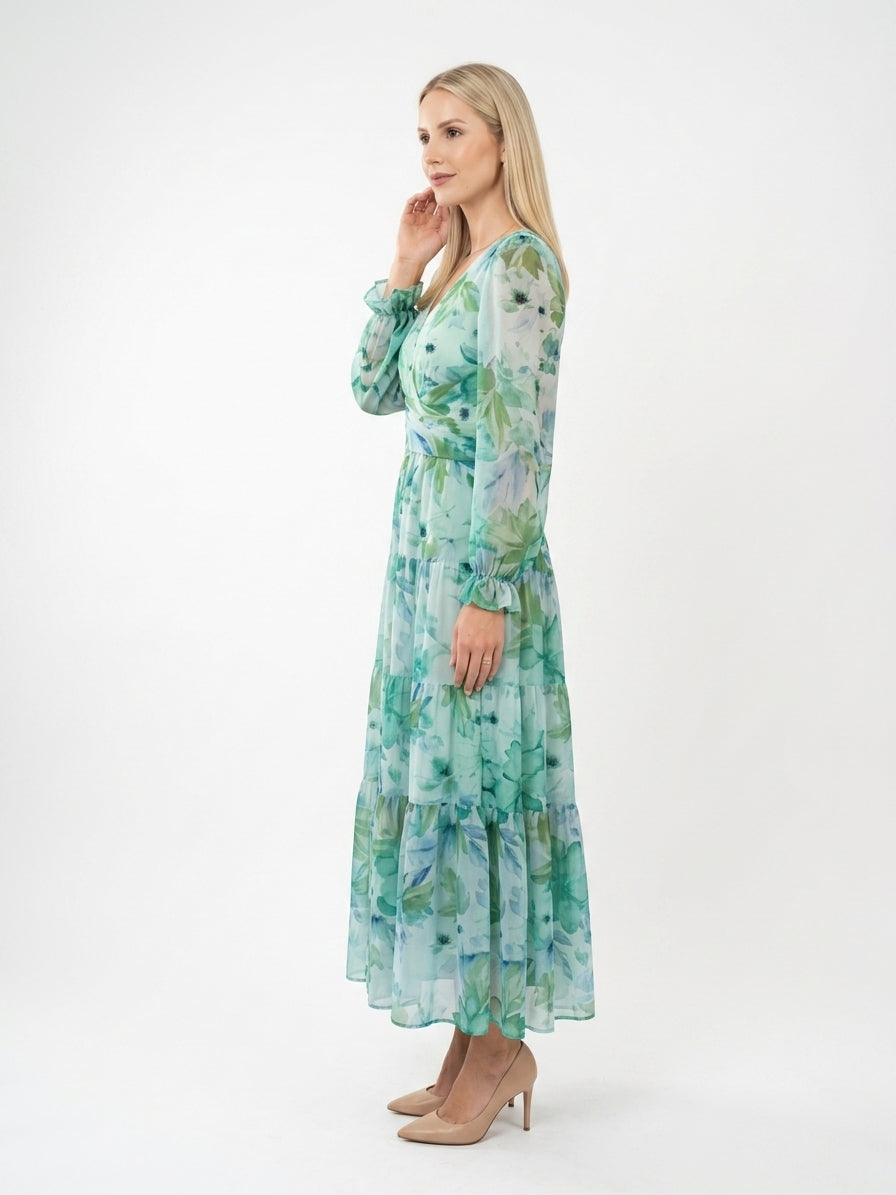 Zayé Women's Watercolour Floral Chiffon Maxi Dress | Wrap V-Neck Bishop Sleeve Tiered Skirt