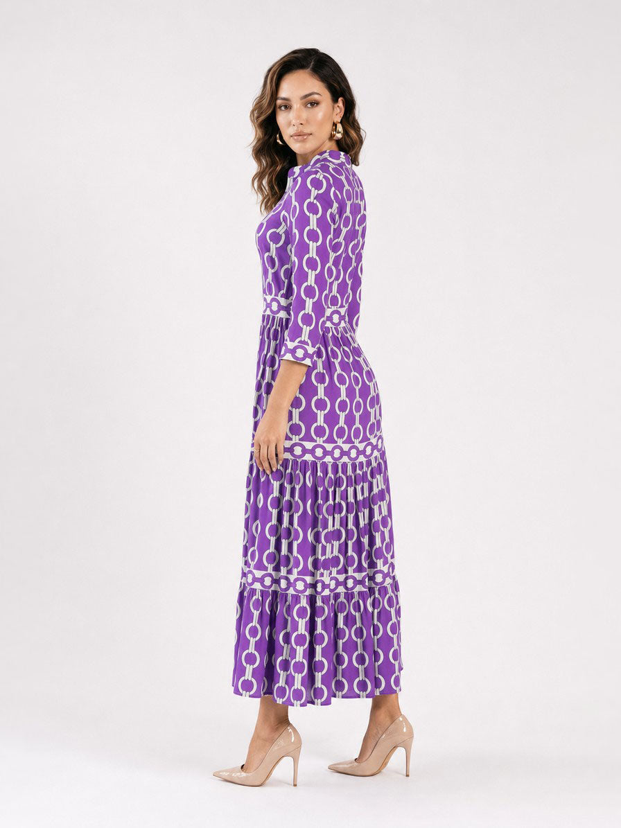 Zayé Women's Chain Pattern Midi Dress | V-Neck Three Quarter Sleeve Tiered Skirt