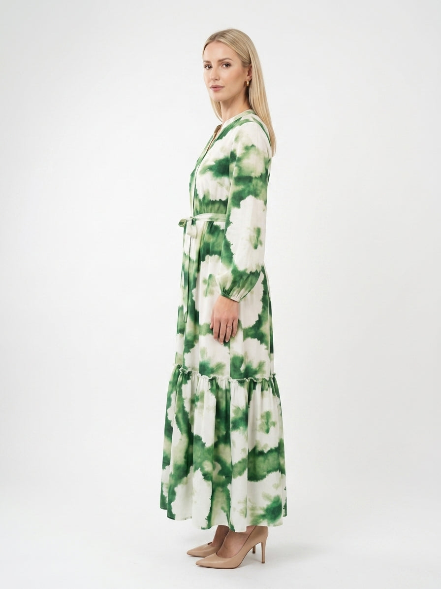 Zayé Women's Watercolour Print Maxi Dress | Split Neck Bishop Sleeve Tie Waist Tiered Skirt