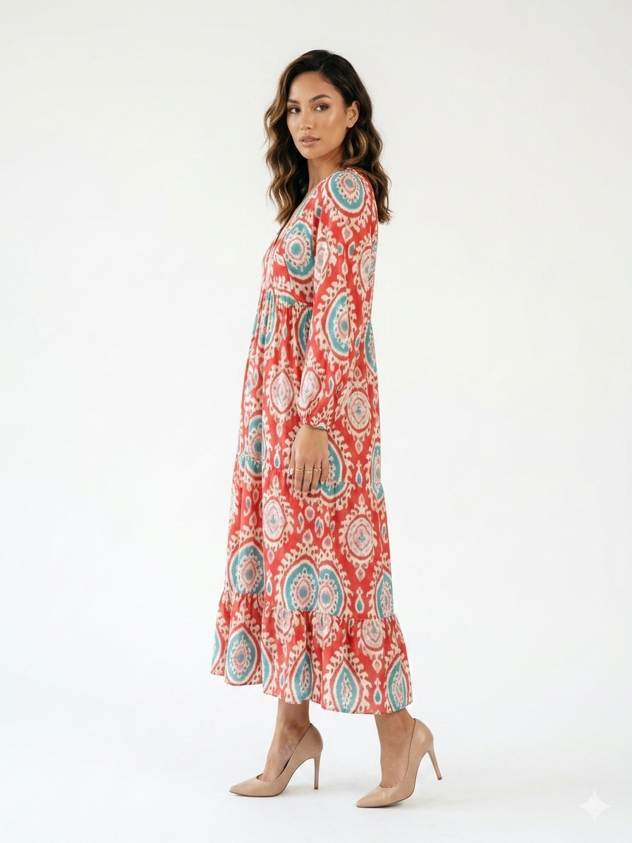 Zayé Women's Medallion Print Midi Dress | V-Neck Batwing Sleeve Frill Hem | Coral Red