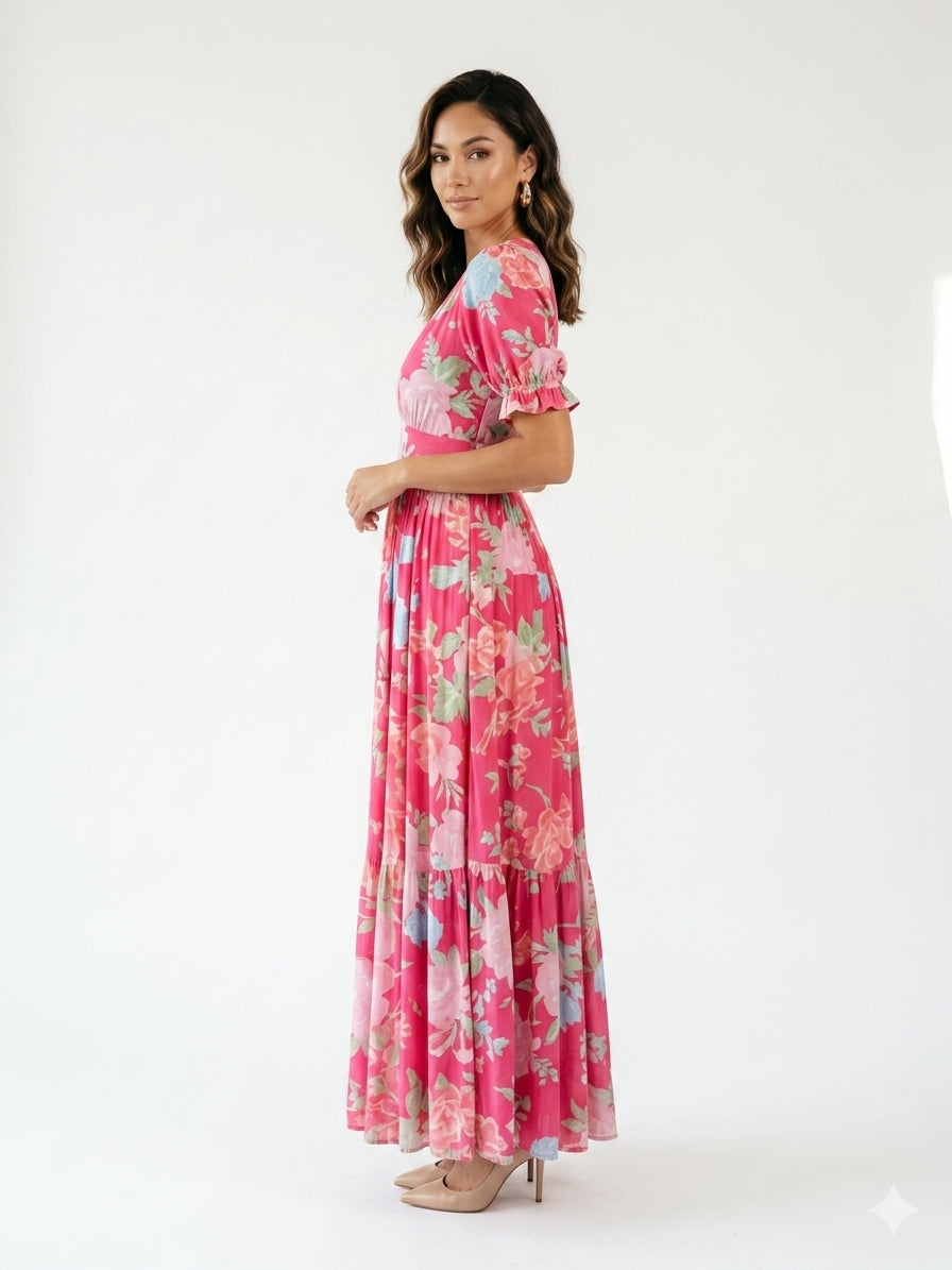 Zayé Women's Floral Midi Dress | V-Neck Short Flutter Sleeve Gathered Waist