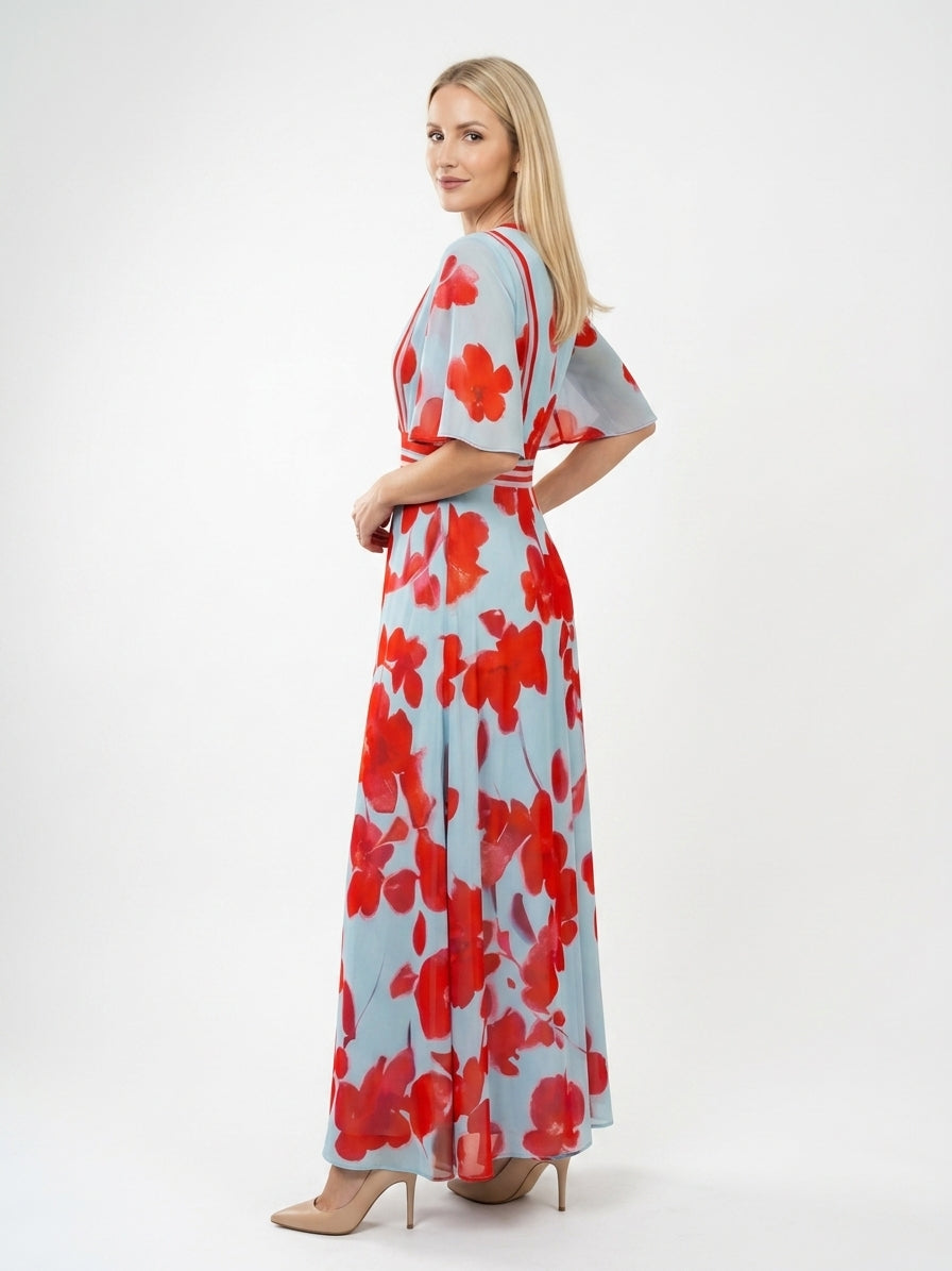 Zayé Women's Bold Floral Maxi Dress | Wrap V-Neck Flutter Sleeve Striped Contrast Waistband