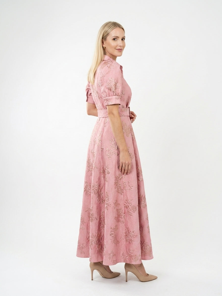 Zayé Women's Jacquard Maxi Dress | Point Collar Puff Sleeve Self-Belt A-Line Skirt