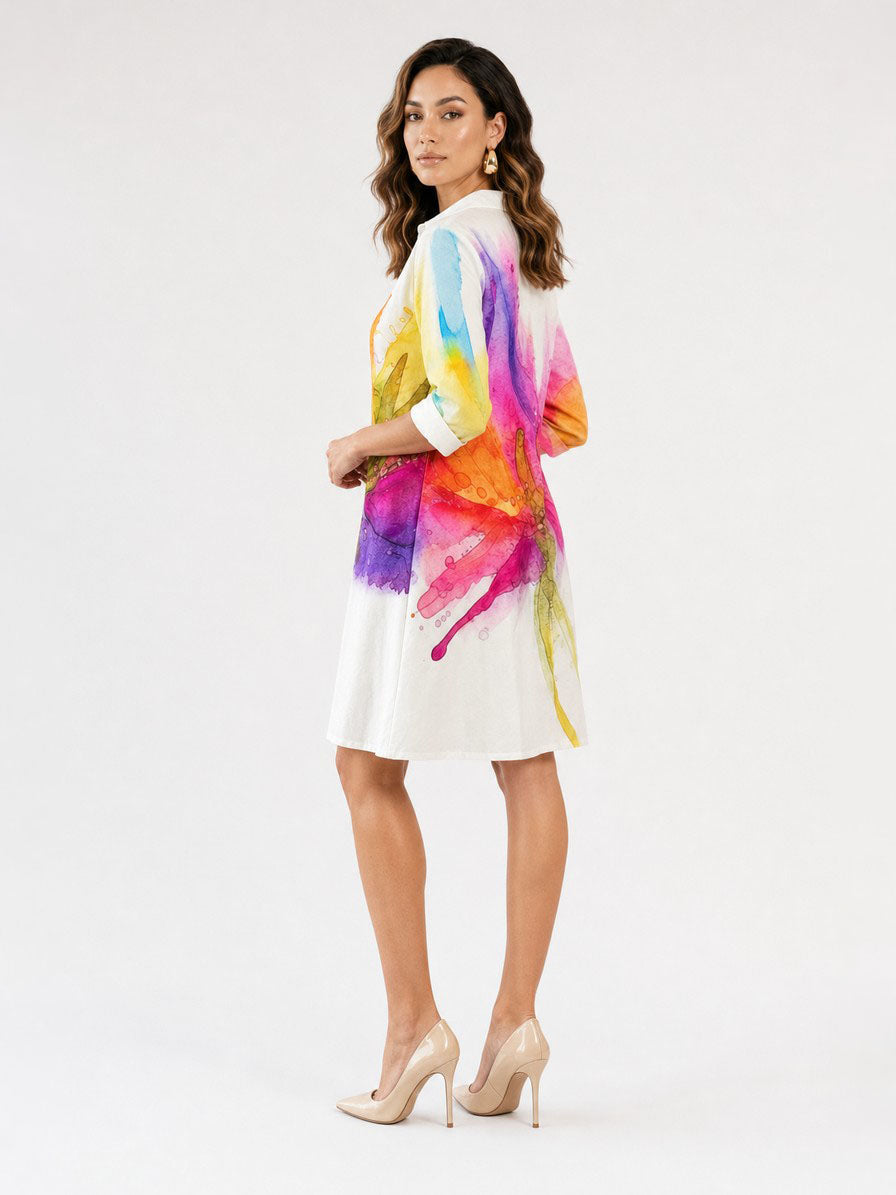 Zayé Women's Painted Bloom Shirt Dress | Full Button Front Point Collar Three Quarter Sleeve