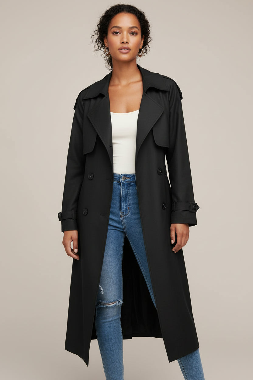 Tailored Long Double-Breasted Trench Coat