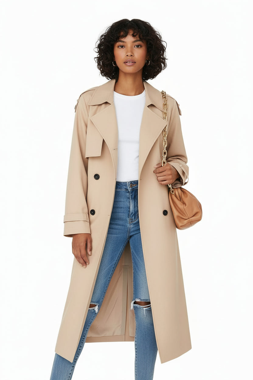 Tailored Long Double-Breasted Trench Coat