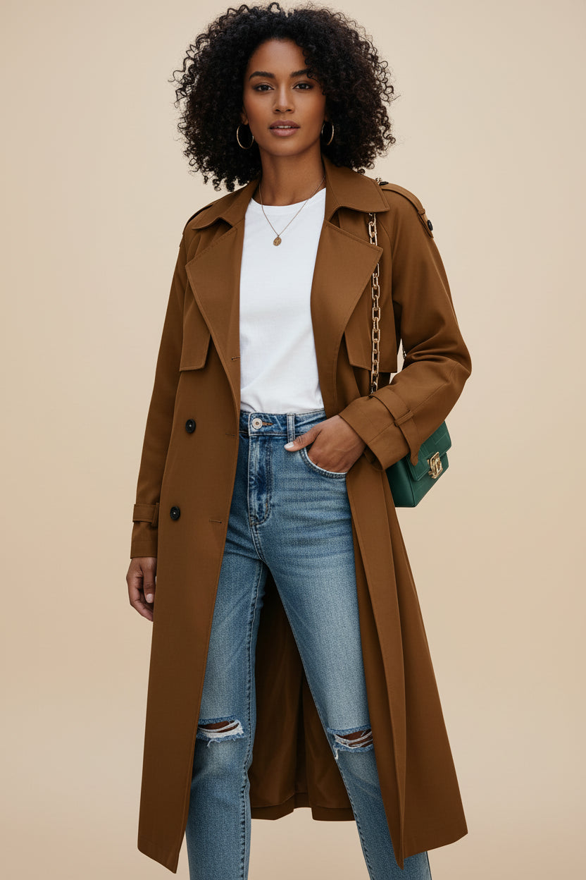 Tailored Long Double-Breasted Trench Coat