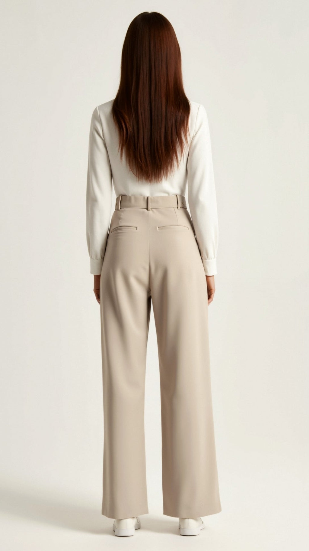 Person wearing a white blouse and beige high-waisted pants on a plain background cream
