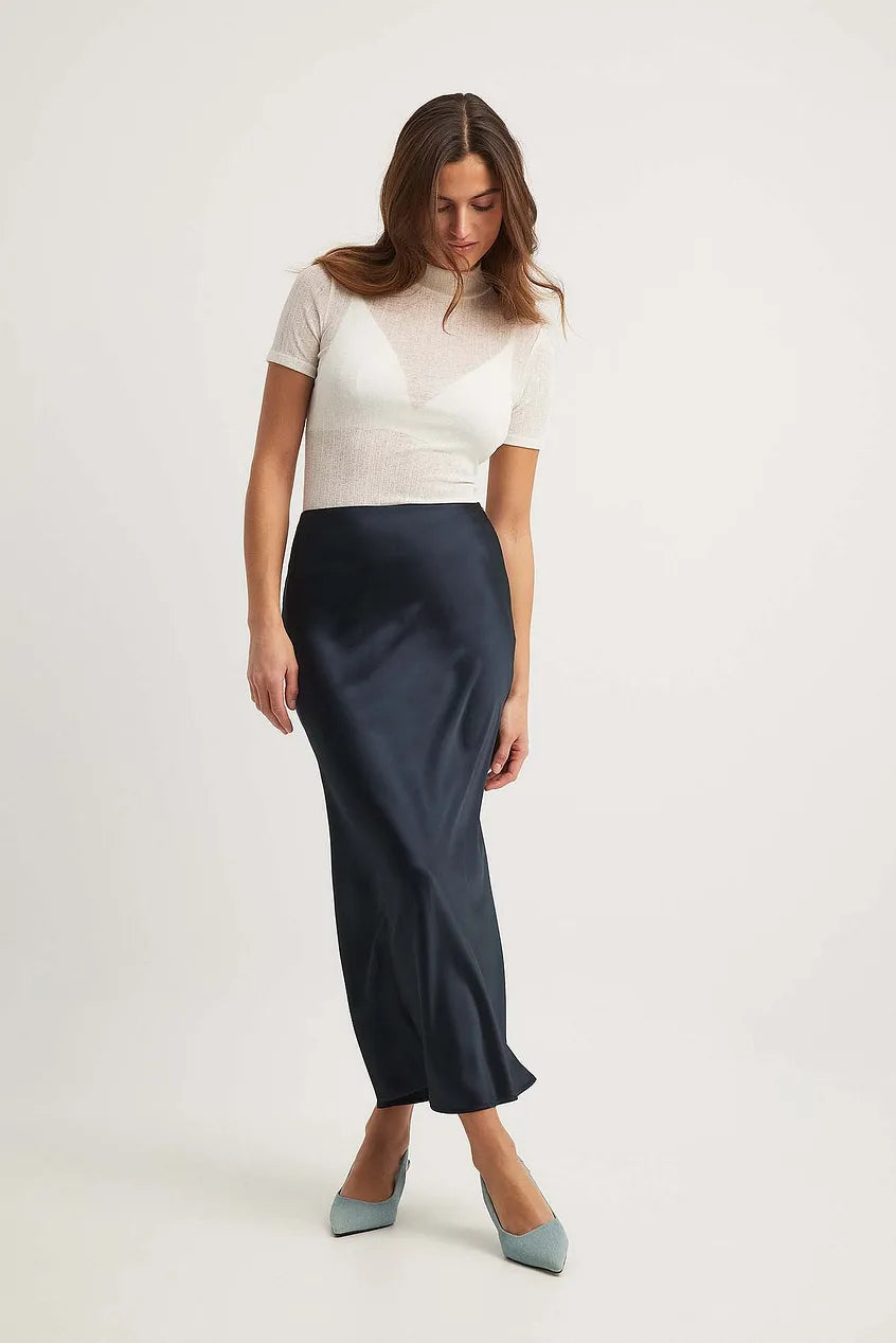 Satin Midi Skirt with Refined Fluid Draping