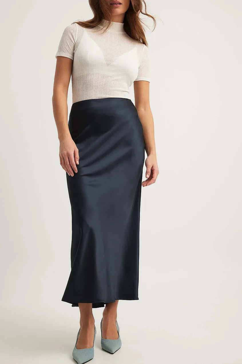 Satin Midi Skirt with Refined Fluid Draping