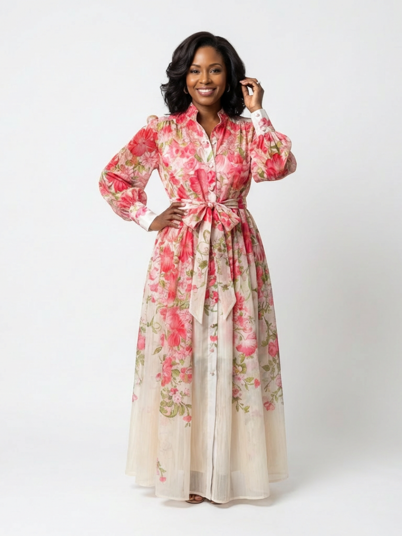 Zayé Women's Border Floral Sheer Maxi Dress | Band Collar Bishop Sleeve Tie Waist Button Front