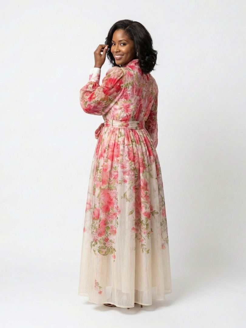 Zayé Women's Border Floral Sheer Maxi Dress | Band Collar Bishop Sleeve Tie Waist Button Front