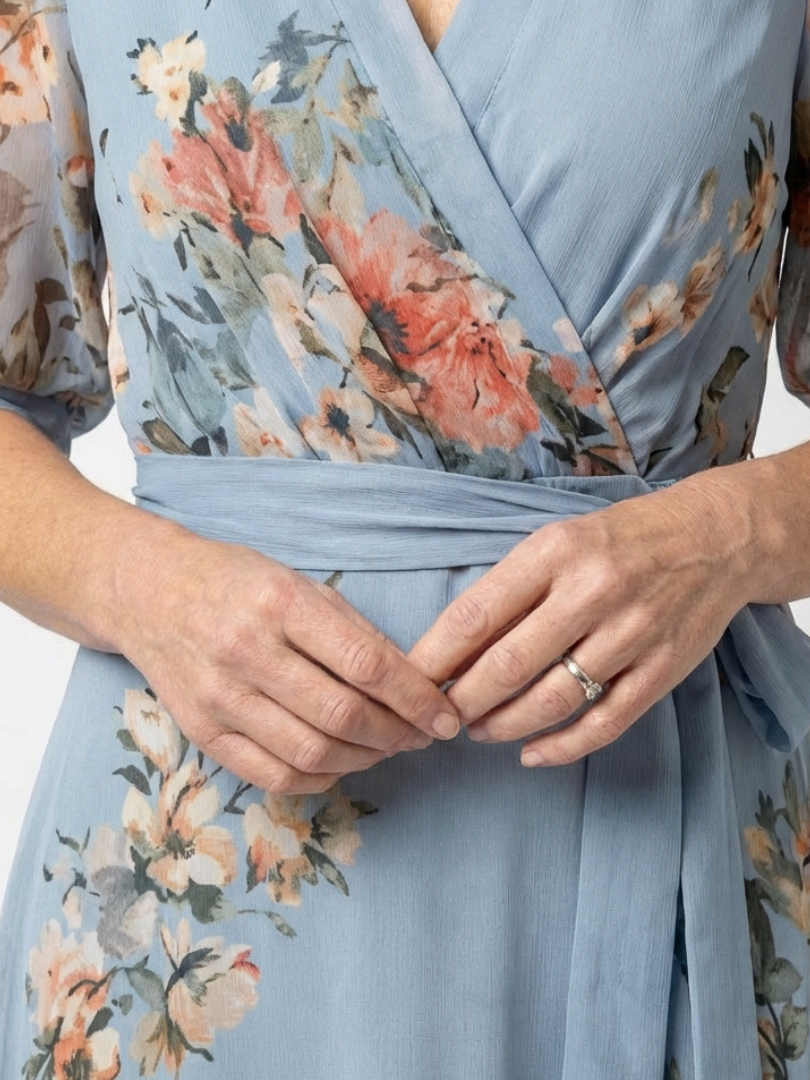 Zayé Women's Romantic Floral Chiffon Maxi Dress | Wrap V-Neck Collar Three Quarter Sleeve Tie Waist