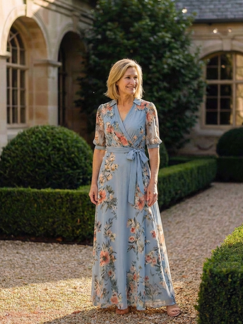 Zayé Women's Romantic Floral Chiffon Maxi Dress | Wrap V-Neck Collar Three Quarter Sleeve Tie Waist