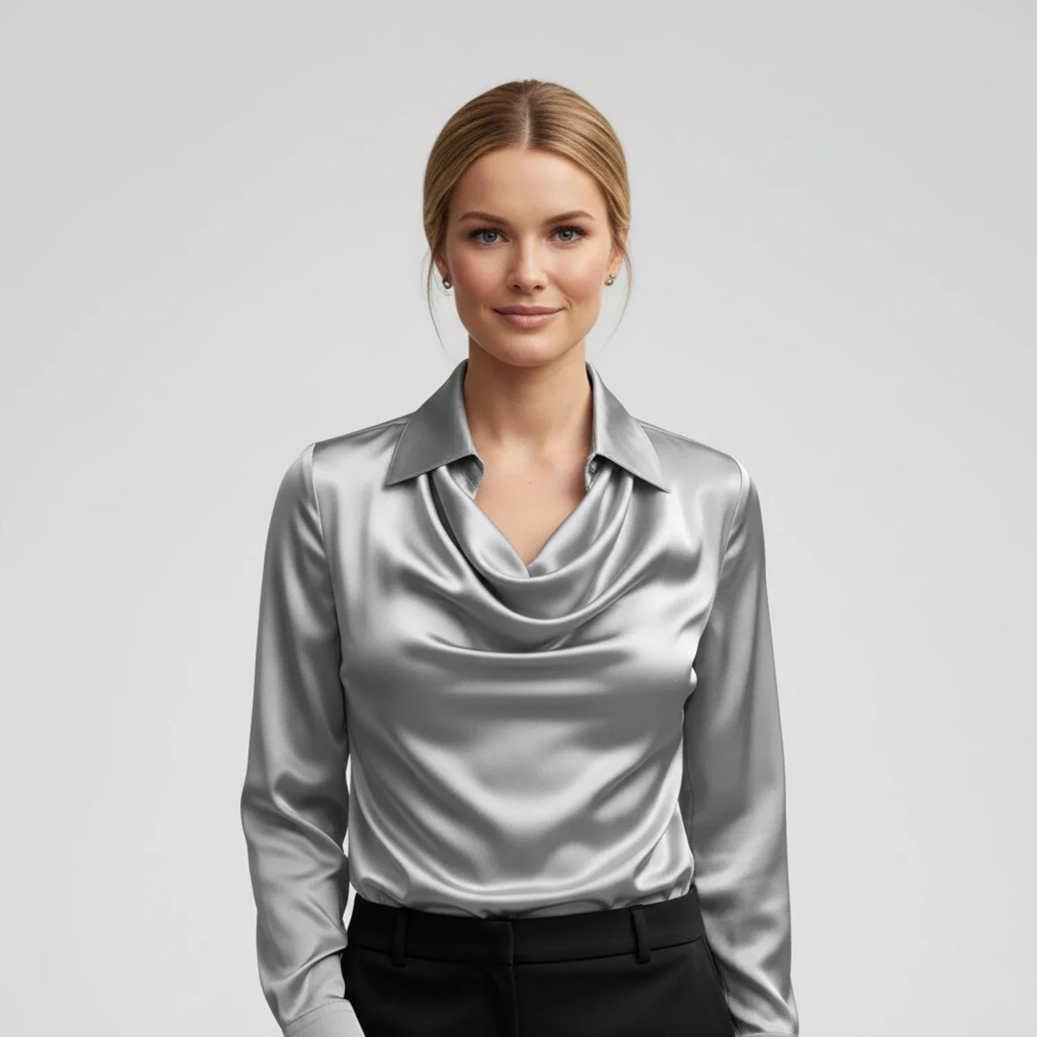 Tailored Satin Cowl-Neck Blouse