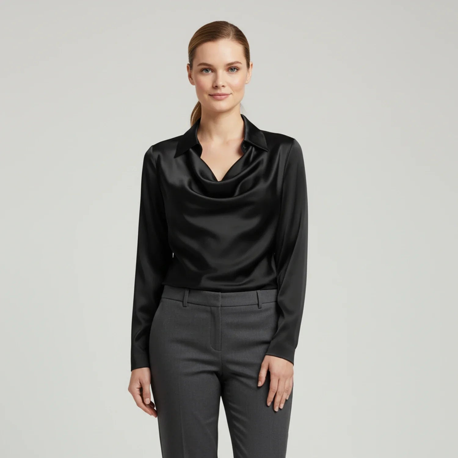 Tailored Satin Cowl-Neck Blouse