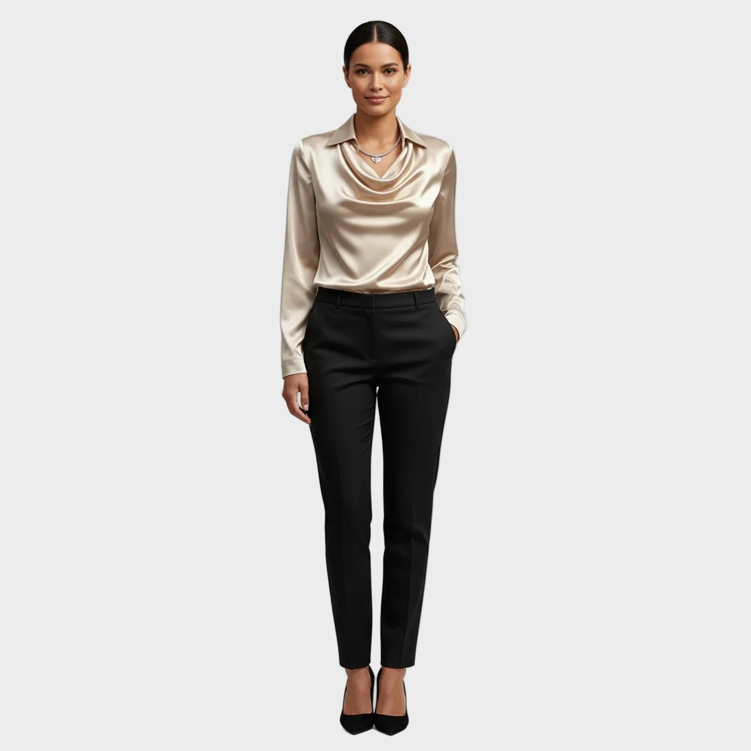 Tailored Satin Cowl-Neck Blouse