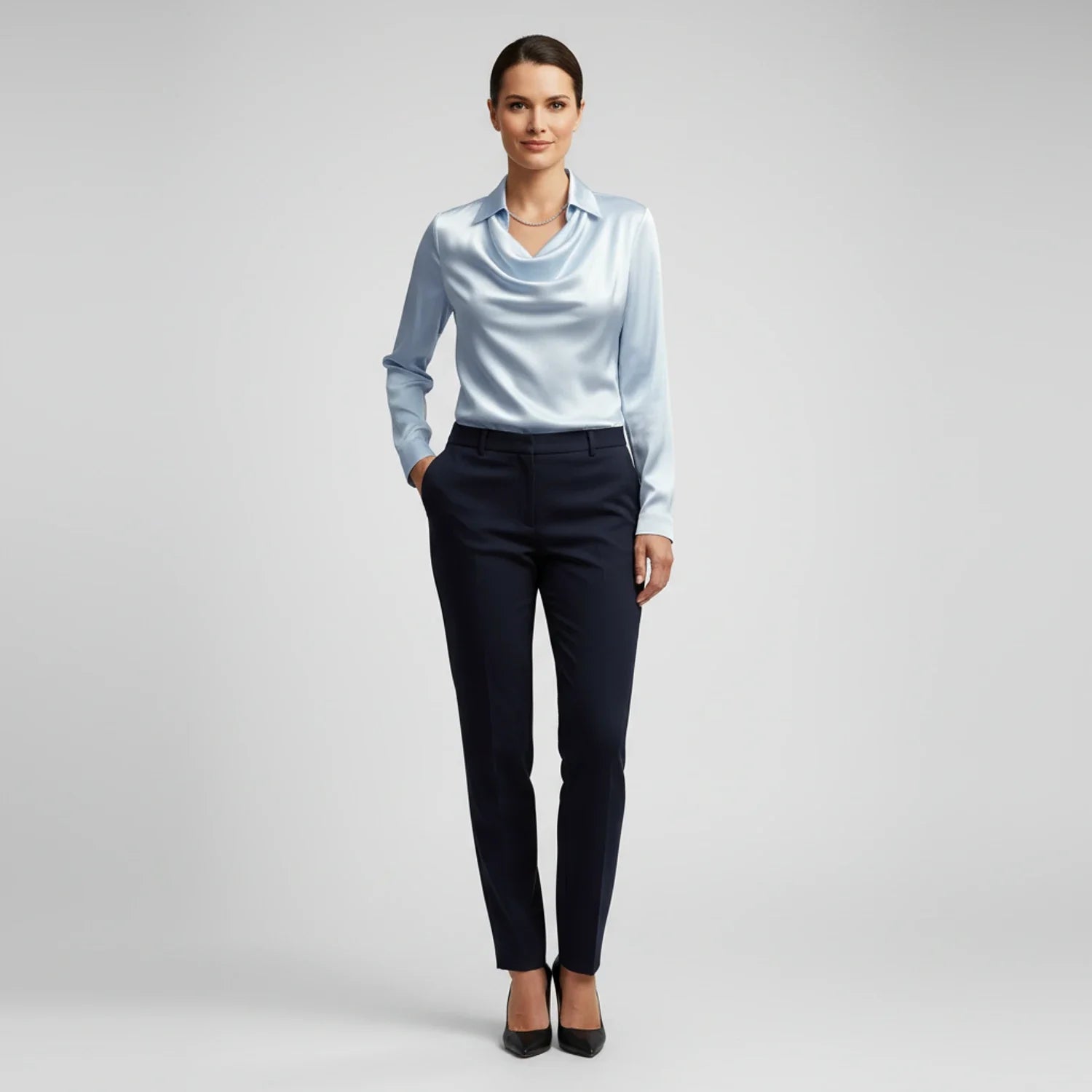 Tailored Satin Cowl-Neck Blouse