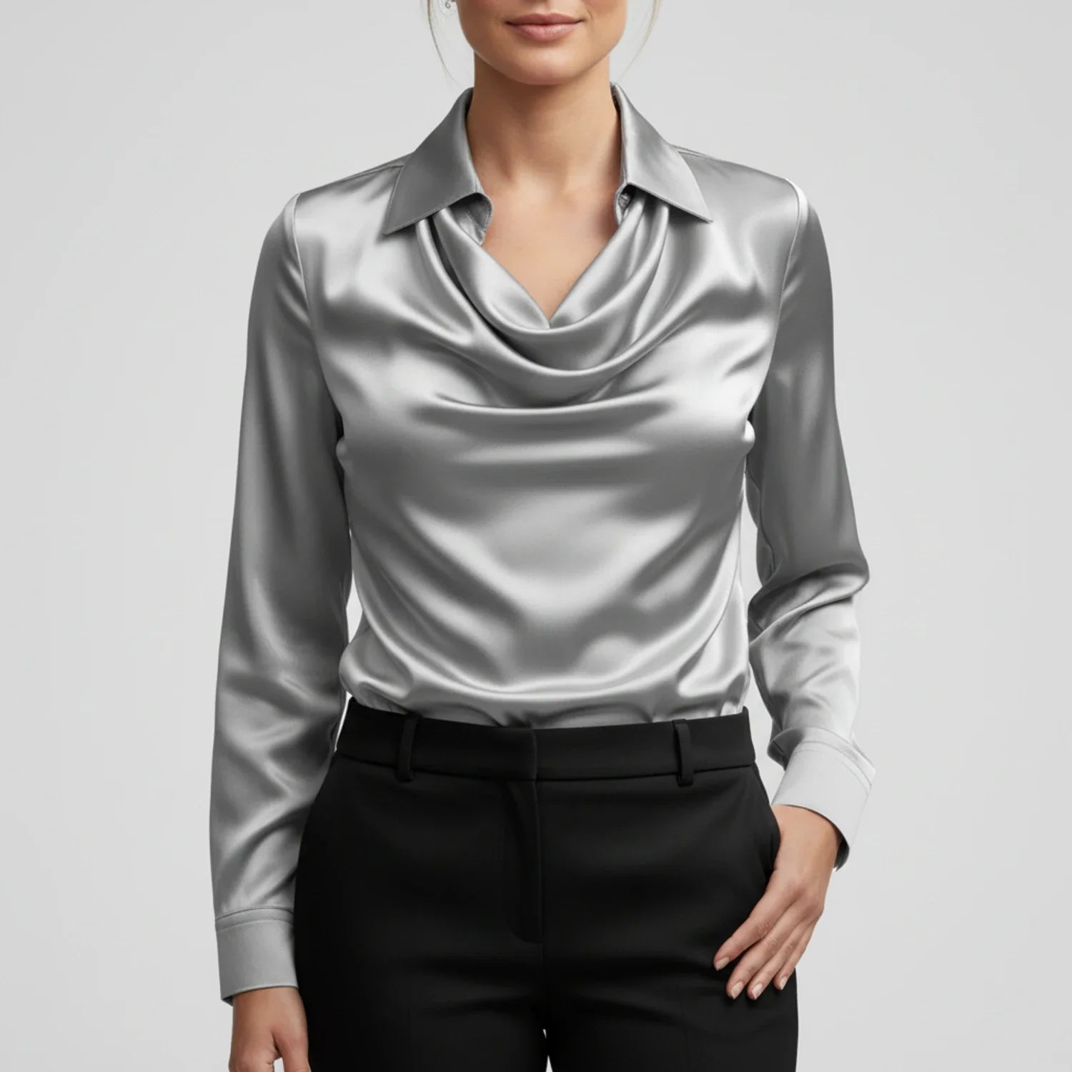 Tailored Satin Cowl-Neck Blouse