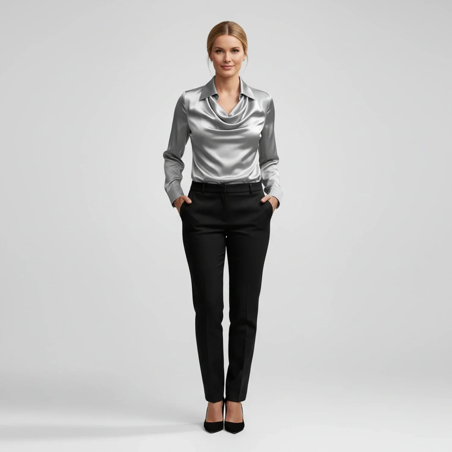 Tailored Satin Cowl-Neck Blouse