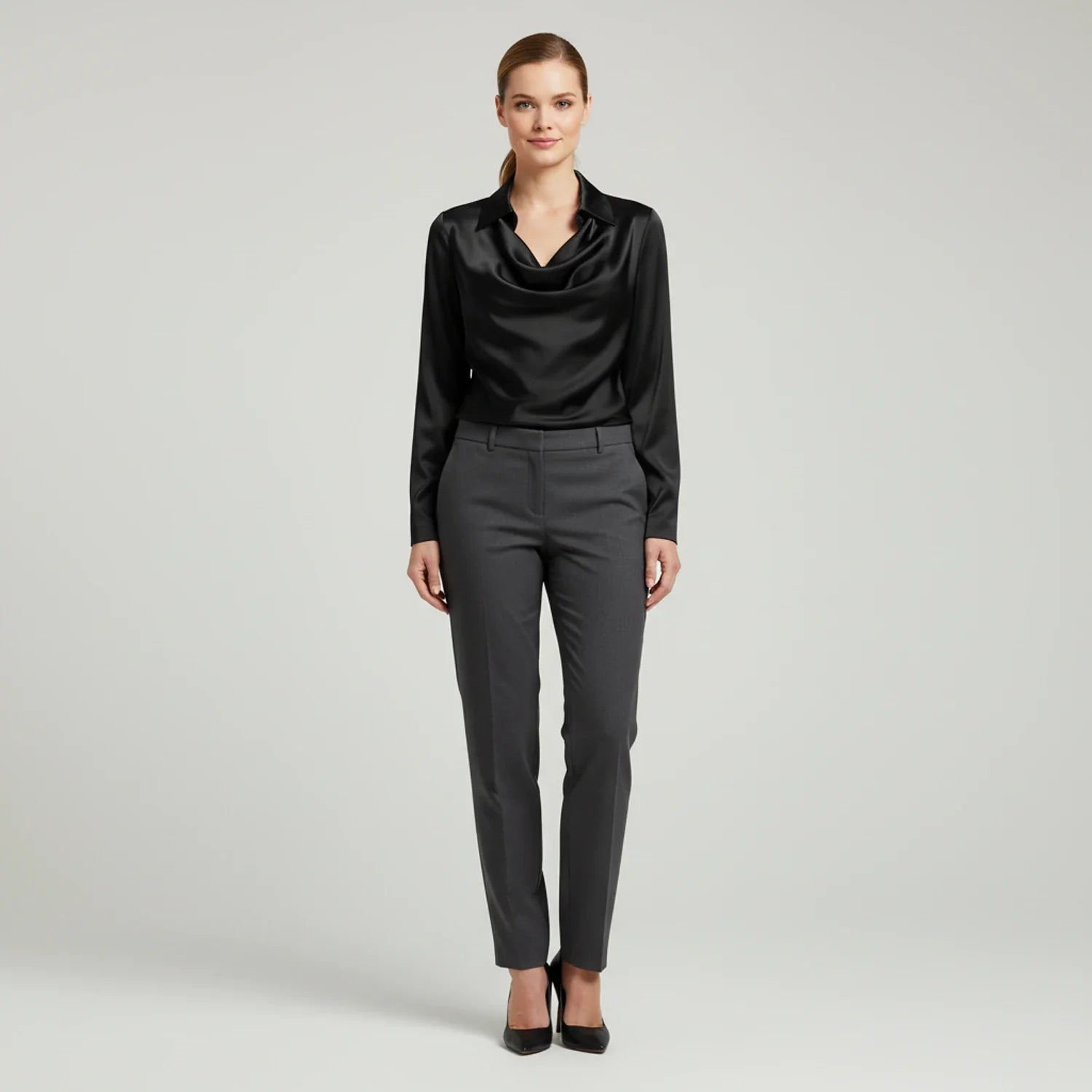 Tailored Satin Cowl-Neck Blouse