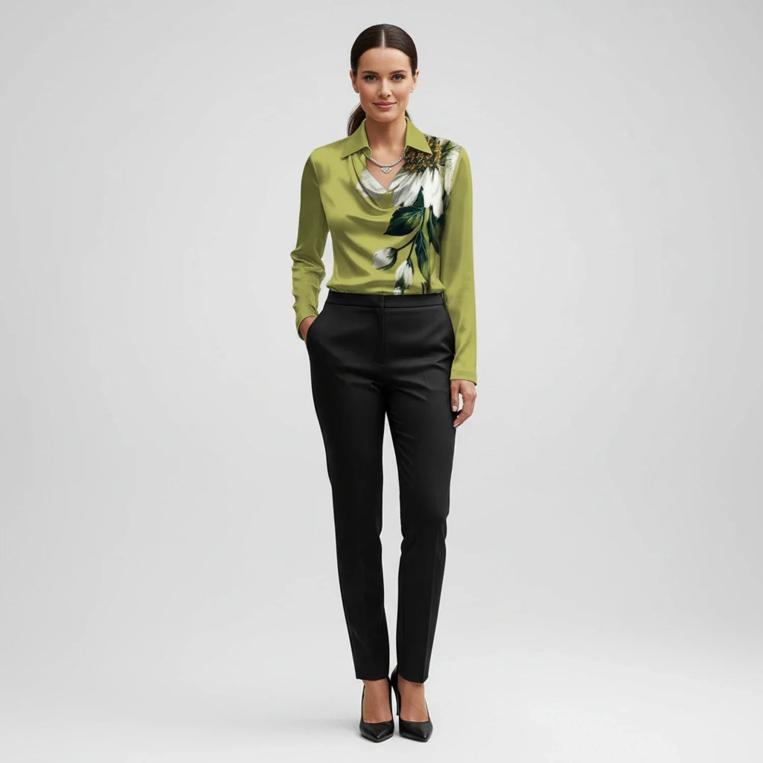 Tailored Satin Cowl-Neck Blouse