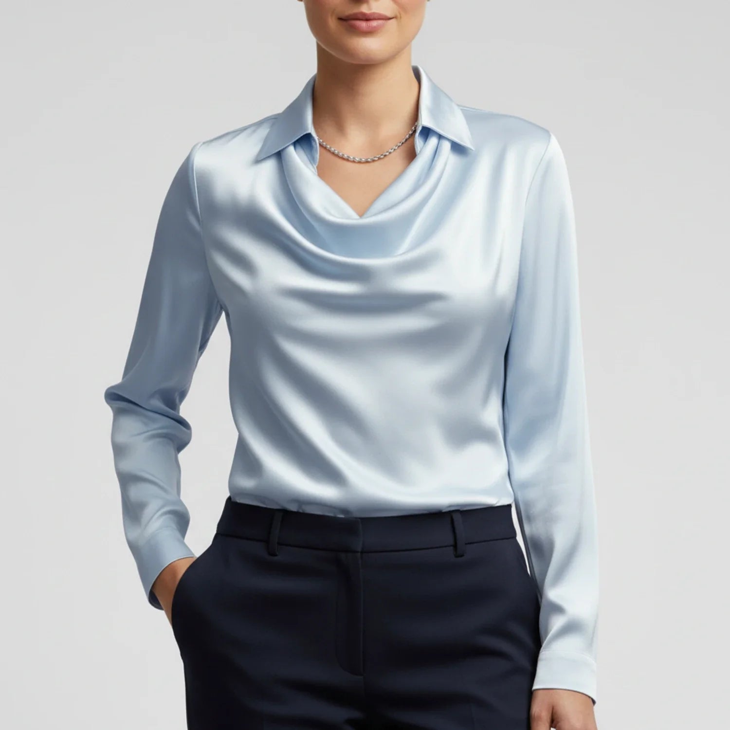 Tailored Satin Cowl-Neck Blouse