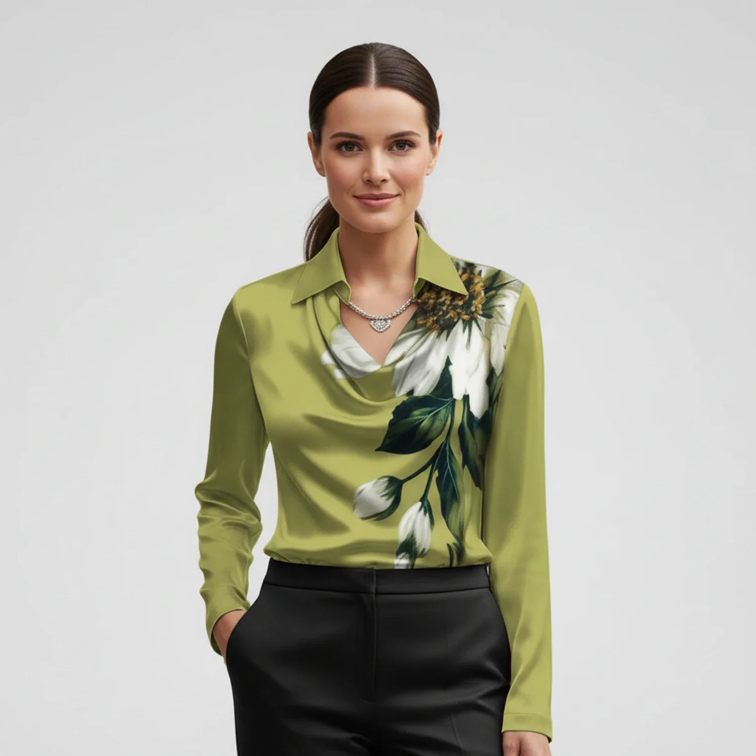 Tailored Satin Cowl-Neck Blouse