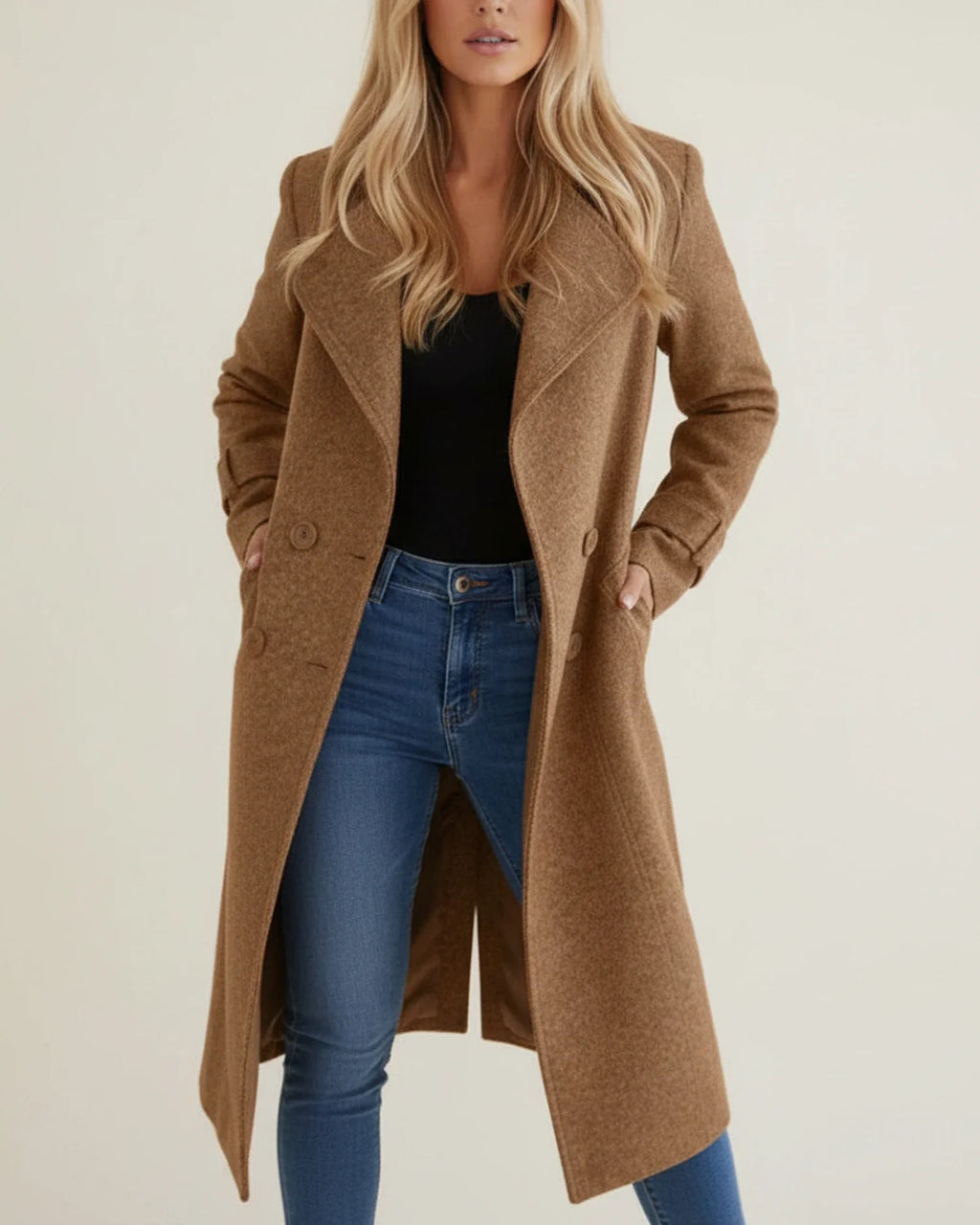Tailored Double-Breasted Wool Blend Coat