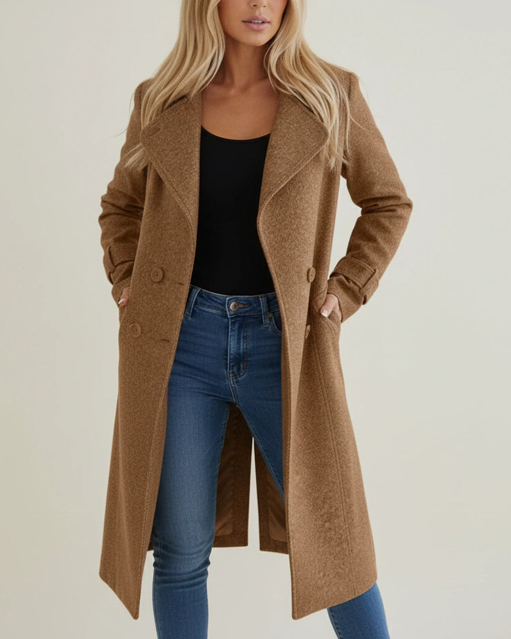 Tailored Double-Breasted Wool Blend Coat